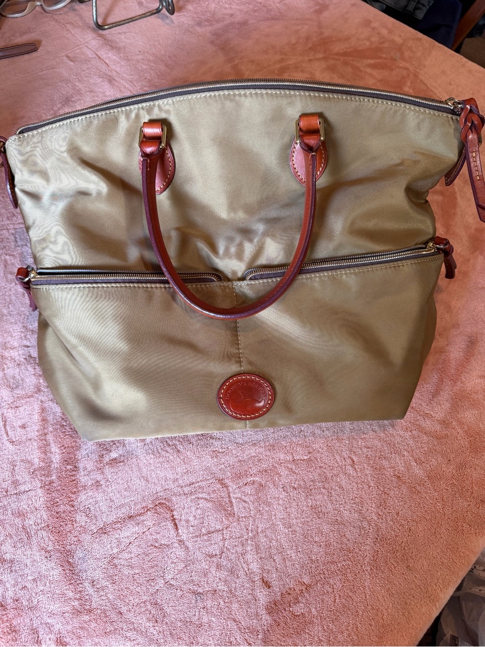 Dooney & Bourke Olive Nylon Satchel with Brown Leather Trim